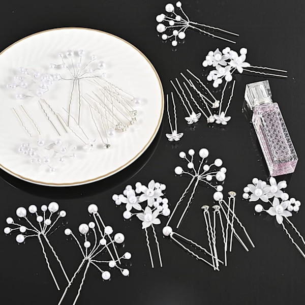30 stk. bryllupshårnåler, hårtilbehør med rhinestones og perler, U-form