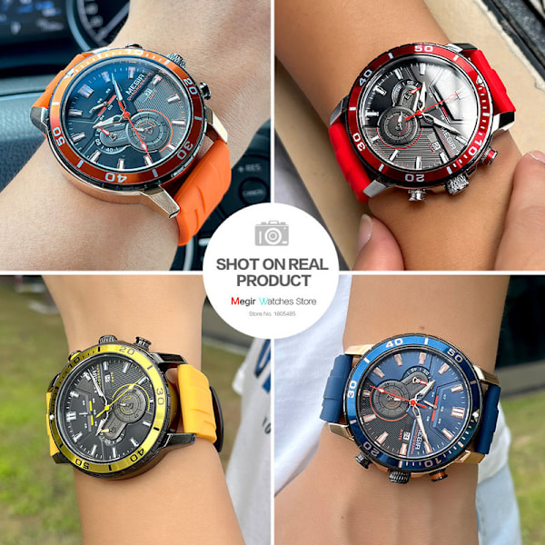 MEGIR Oransje Klokker for Menn Mote Vanntett Silikonrem Chronograph Kvarts Armbåndsur med Auto Dato Lysende Visere Orange-Box