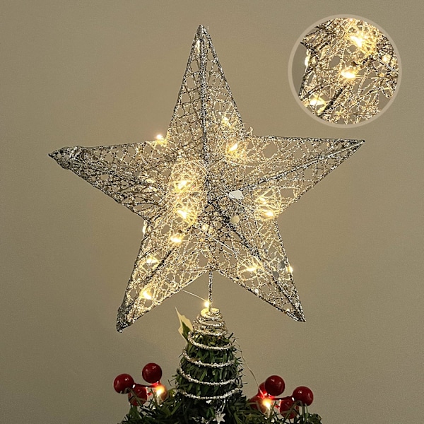Julgransstjärna Topp med Ljus, Glittrande Julgransstjärna med LED-lampa Ornament Fest Heminredning Juldekorationer