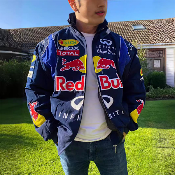 Red Bull -takki, moottoripyörätyyli, väripilkkuja, painettu, rento, väljä, pitkähihainen tuulitakki M