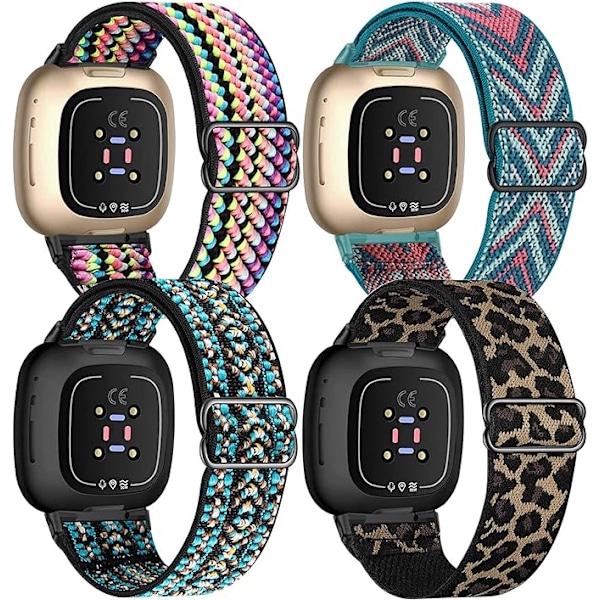 4-pack elastiska nylonband kompatibla med Fitbit Versa 3 / Fitbit Sense, justerbara elastiska tyg smartklockor sportband（BohoRainbow/Green Arrow