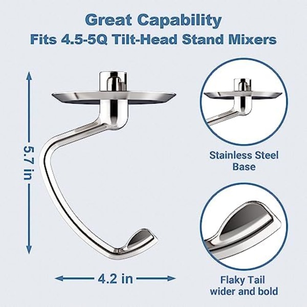 Poleret Degkrog i Rustfrit Stål til KitchenAid Stativmixer, Passer til 4,5-5 Qt Tilt-Head Stativmixere til KitchenAid Dej