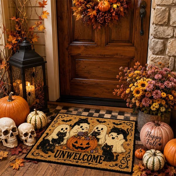 Halloween-dørmåtte med spøgelse, sort kat og græskar, skridsikkert velourtæppe til entré, soveværelse og stue 40x60cm