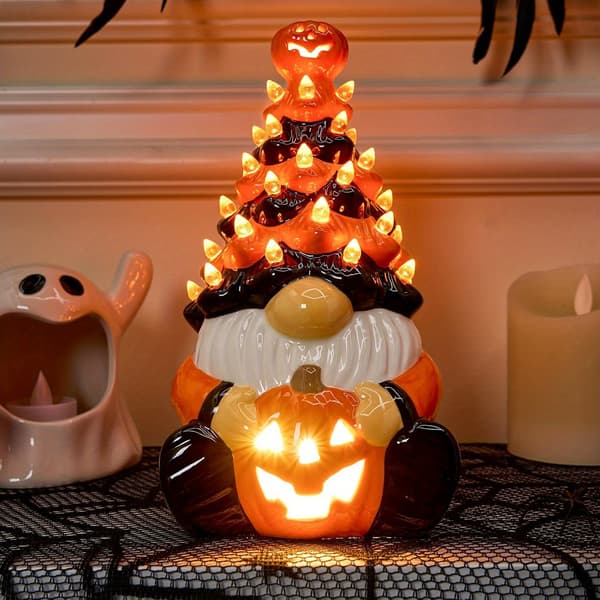 Keramisk Græskar Nisse Træ Borddekoration med Indbyggede LED'er til Halloween Ceramic Tree