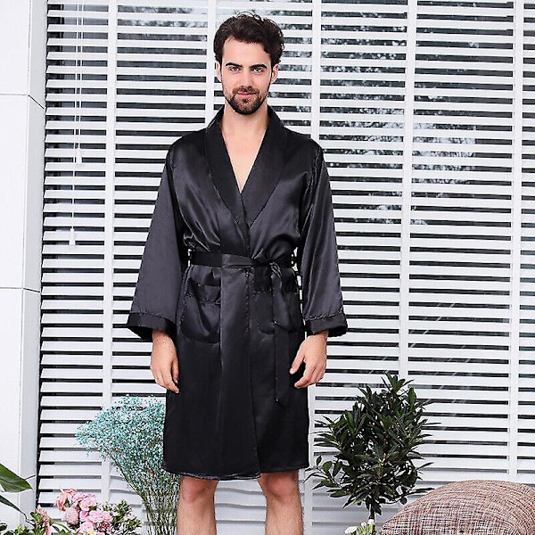 Herr Satin Siden Lyx Pyjamas Kimono Badrock Morgonrock Pjs Loungewear Svart[ch] Black 2XL