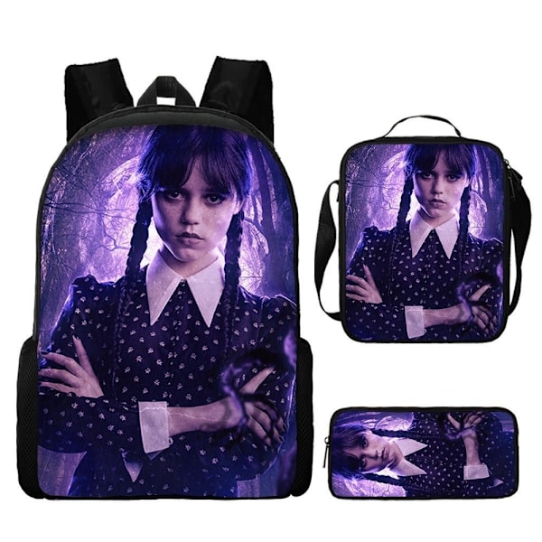 Tredelad Wednesday Addams-set - Duffelväska, Ryggsäck och Pennfodral - Skolväska, Satchel, Barnleksaker, Gåvor