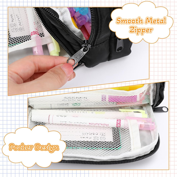 Aprikos pennfodral med fack Stora pennfodral Multifunktionell pennväska Preppy pennfodral Stationery Organizer Estetiska sminkväskor Black