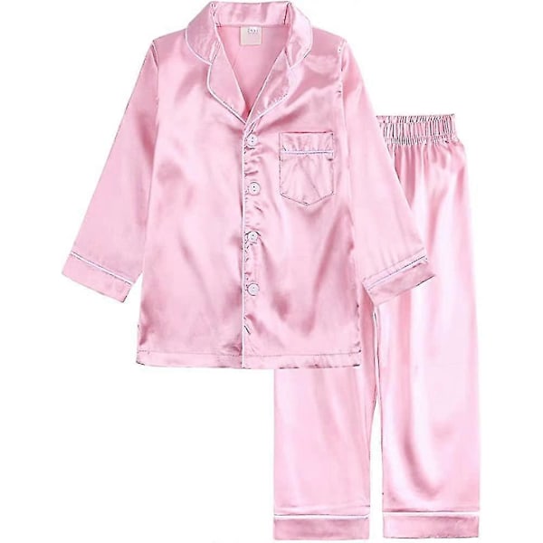Baby Flicka Pojke Satin Pyjamas Set Lång Kort Ärm Knapp-Up Topp & Byxor Sovkläder Outfit Rosa[JR] Pink 4-5 Years
