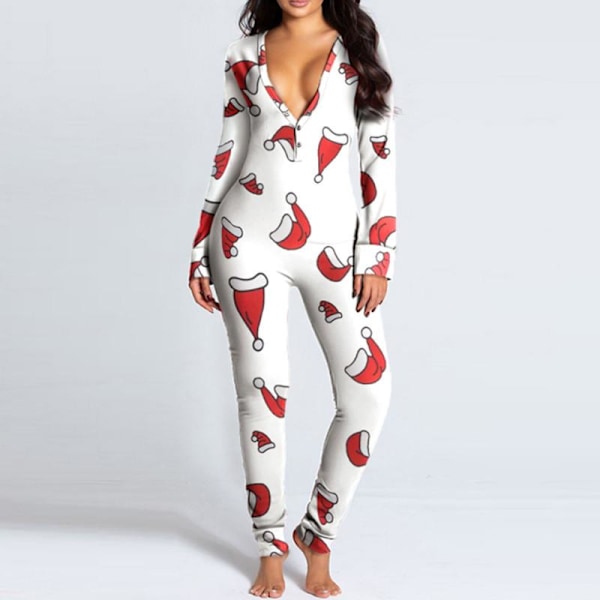 Dam En-Delad Tryckt Nattkläder Julpyjamas Jumpsuit Rompers Långärmad Nattkläder Vit White L