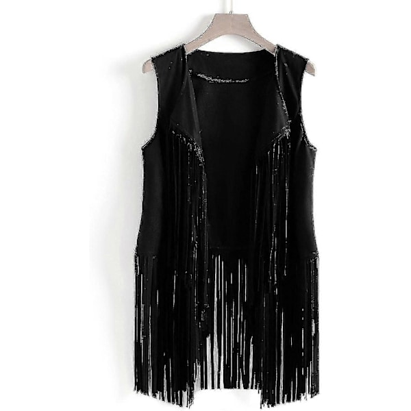 70-talls topper for kvinner denimskjorte disco frynsevest jakke - perfekt Black Black L