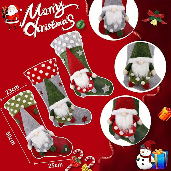 Julstrumpor 3-pack 19 tum 3D-tomtar Santa Jul