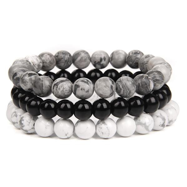 3 stk. Naturlig Sten Armbåndsæt, Pink Rhodonit/Quartz/Sort Onyx (Hvid)