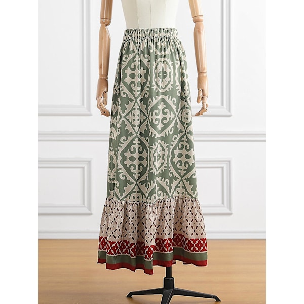 Jastie Boho Retro Blommönstrad Kjol Dam 2023 Sommar Hög Midja A-linje Plisserad Lång Kjol Casual Semester Strandkjol Armégrön[ch] Army Green S
