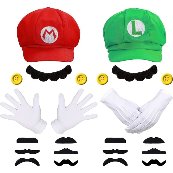 Super Mario Bros Mario och Luigi Hattar Kepsar Mustascher Handskar Knappar Cosplay Kostym