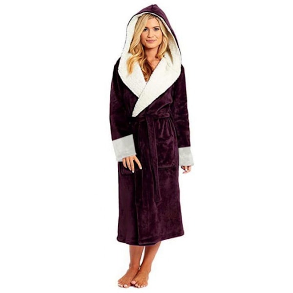 Huvad Sherpa-fleece morgonrock Lång Plyschig Mjuk Badrock Vinröd Wine Red XXXL