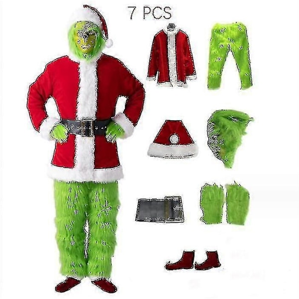 7-delt Grinch-kostume til julecosplay, voksen Santa-kostume sæt + maske A-Perfet 7PCS fuldt sæt tøj 7PCS full set of clothes M