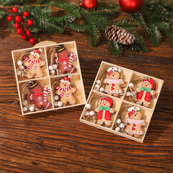 Christmas Decorations Cartoon Four Palace Lattice 12pcs Wooden Doll Pendant