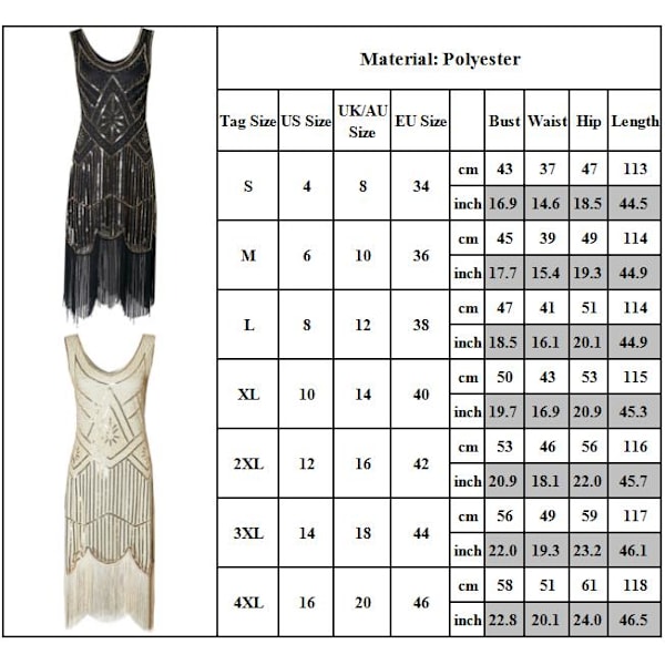 Klänning Great Gatsby Maskerad Paljetter Fransar Vintage Klänning Svart guld Black gold XL