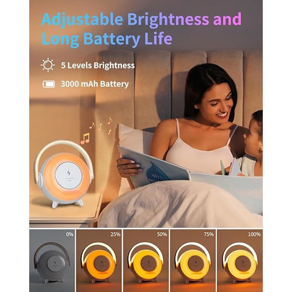 Nattlampa med Bluetooth-högtalare, trådlös laddare, dimbar nattlampa, sovrum, hotell