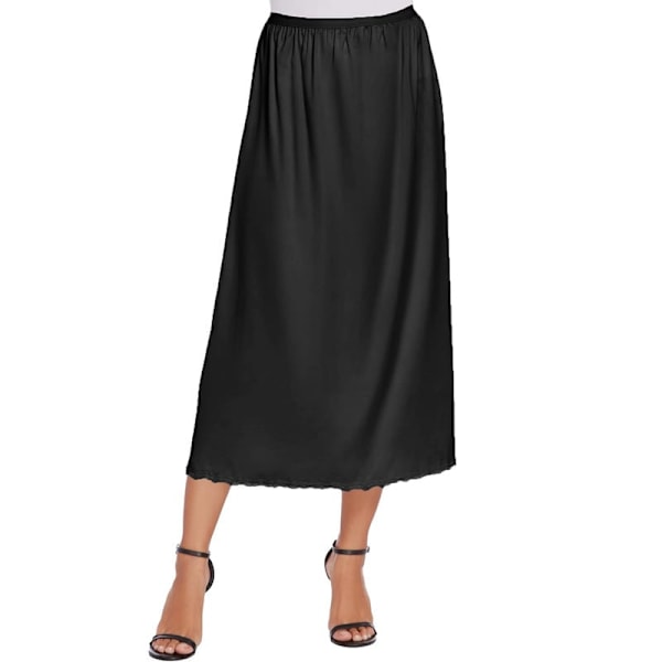 Satin underskjørt med blondekant for kvinner, lang underkjole svart black L