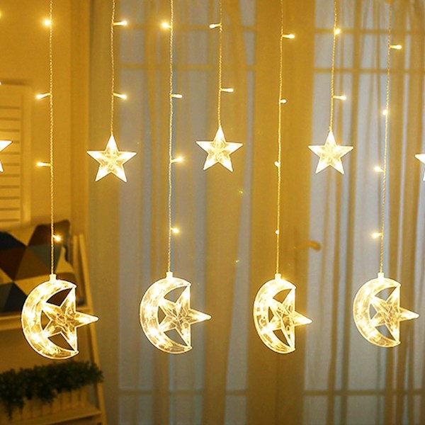 126 LED stjerne- og månelyslenke, 8 moduser til dekorasjon for ramadan, jul, bryllup, fest, hjem, uteplass, plen, varmt hvitt