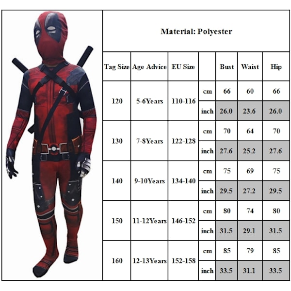 Deadpool-asu lapselle, Halloween-asu Cosplay-juhliin Deadpool-asu, Lapsen Deadpool-body Jumpsuit Cosplay-setti 5-13 vuotta V 150cm