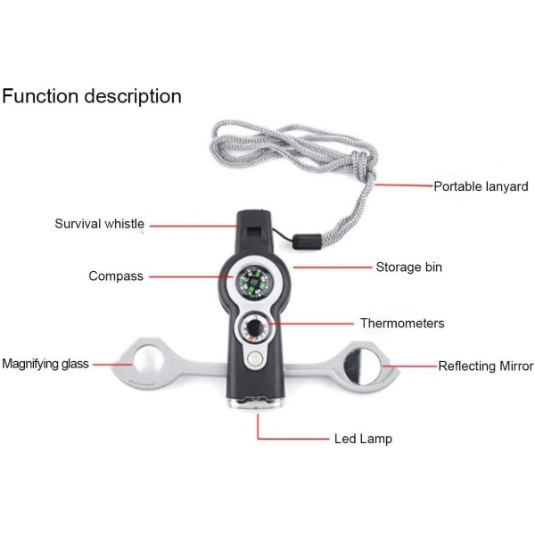 Udendørs multifunktionel 7-i-1 fløjte med LED-lys termometer kompas