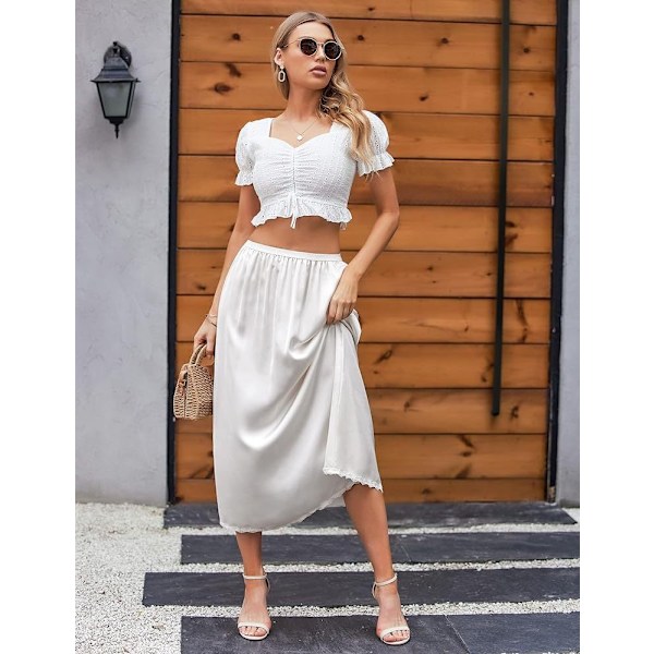 Dame Satin Halvslip med Blonde, Lang Underskjørt hvit white S