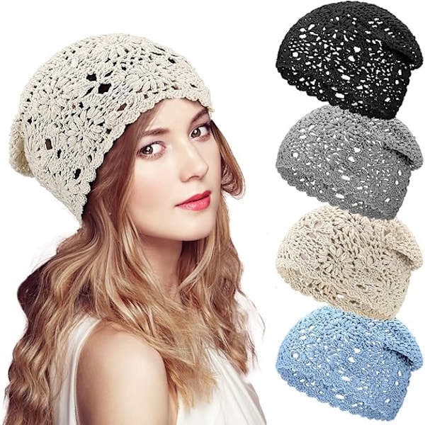 4 stk. slouchy beanie hæklet hat efterår håndlavet strikket blomstret skull cap bomuld udskåret sommerhatte til kvinder let strikket (JS)