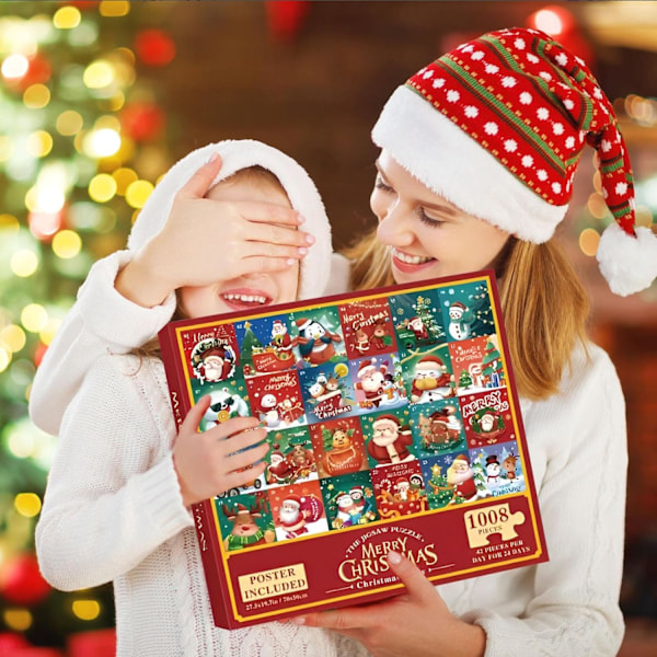 Jigsaw-adventskalender 2024, puslespil-adventskalender 2024 med 24 æsker 1008 brikker, 24 dages adventsnedtælling for voksne børn