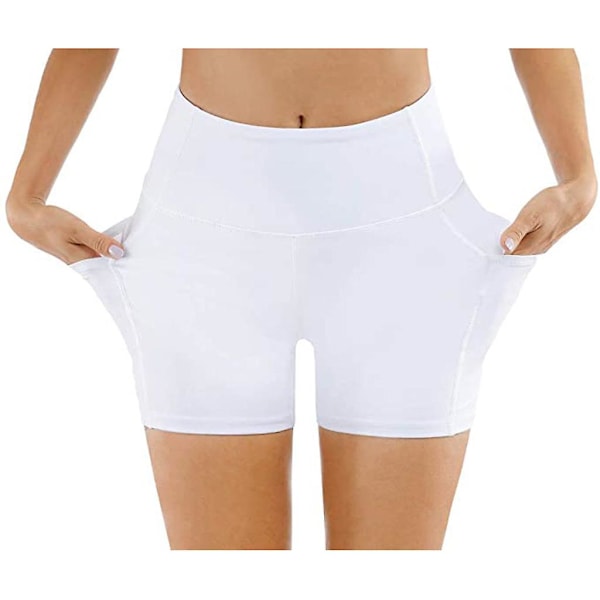 Yogashorts, damshorts, sidelommer med telefonlomme, høy midje, yoga, fitness, gym, treningsbukser, hvite (L)