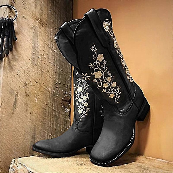 Cowboystøvler til damer med bred læg og bred tå - Moderne vestlige broderede cowgirl-støvler, Sorte Black Black 41