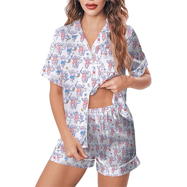 Pyjamas Set för Kvinnor, 2-Delad Knäppning Monkey Beach Shorts Set Y2k Loungewear Pjs för Jul Thanksgiving Presenter Ljusgrå Light Grey M