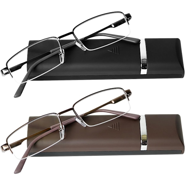 2 parin lukulasisetti - Musta & Ruskea kotelolla | Erittäin ohuet kevyet jousisangat | Unisex 100 Diopters
