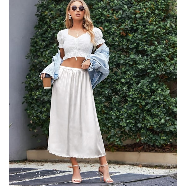 Dame Satin Halvslip med Blonde, Lang Underskjørt hvit white S