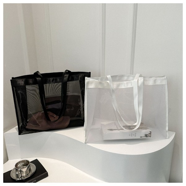 SVART Transparent Nät Strandväska, Handhållen Shoppingväska Black