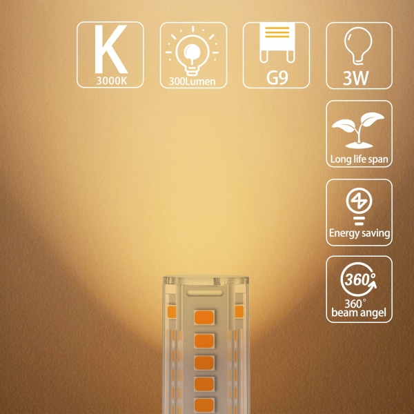 G9 LED-lampor Varmvit, 3W, 300LM, 3000K, Ersättningslampa 30W G9-halogenlampa, flimmerfri, Ej dimbar för belysningsdekor, ljuskrona, 10 st.