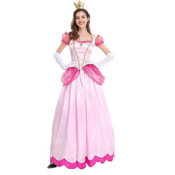 Kvinders Super Mario Peach Cosplay Kostume Rosa Prinsessekjole + Handsker + Hovedbeklædning Outfits Sæt Karneval Fest M