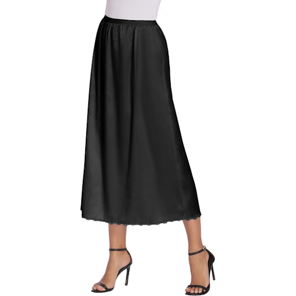 Dam Satin Halvslip med Spets, Lång Underkjol svart black S