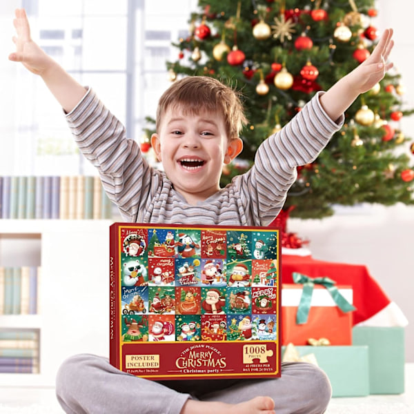 Jigsaw-adventskalender 2024, puslespil-adventskalender 2024 med 24 æsker 1008 brikker, 24 dages adventsnedtælling for voksne børn