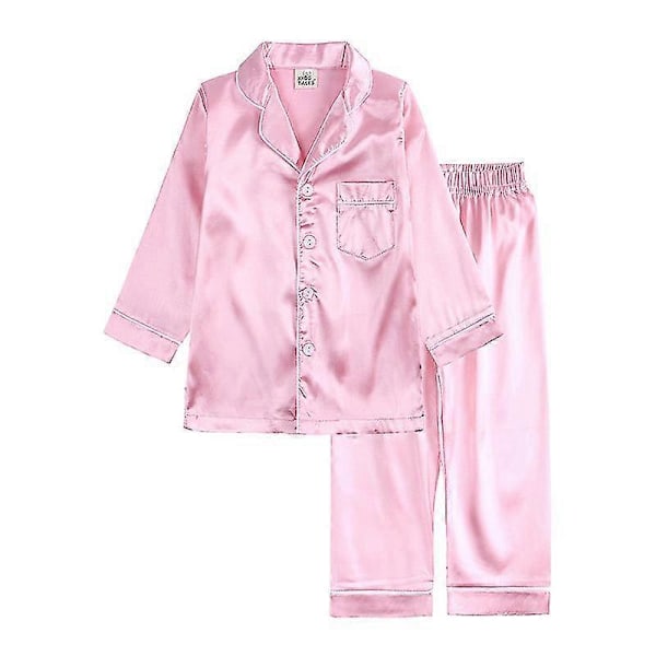 Baby Flicka Pojke Satin Pyjamas Set Lång Kort Ärm Knapp-Up Topp & Byxor Sovkläder Outfit Rosa[JR] Pink 3-4 Years