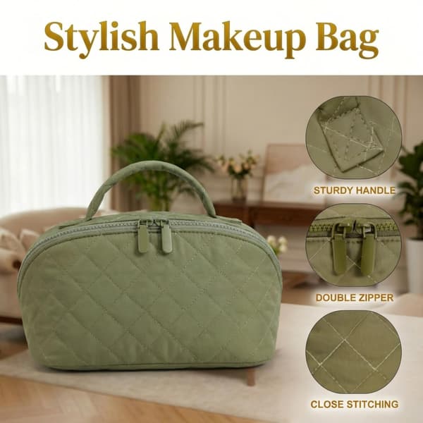 Large Cosmetic Bag Opens Flat for Easy Access, Spacious Toiletry Bag with Compartments, Waterproof Pouch for Brushes and Blue