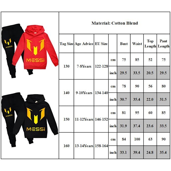 Barn Messi Forår Efterår Træningsoverallsæt Hoodie Sweatshirt T-shirt + Sportbukser Sort Black 160cm