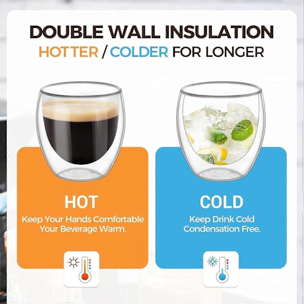 6 stk. Dobbeltveggede Kopper Glasskrus, Transparente Dobbeltveggede Kaffekopper, Dobbeltvegget, Cappuccino, Latte og Isolert (80ml)(JS)