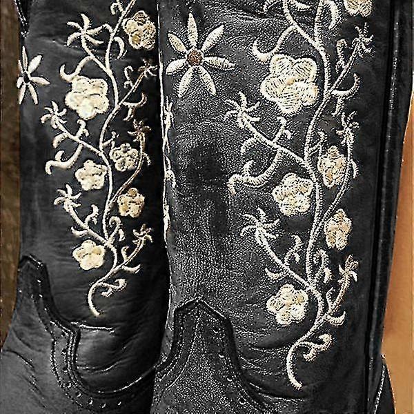 Breda cowboyboots til kvinder med firkantet tå - moderne vestlige broderede cowgirlstøvler, sorte Black Black 37