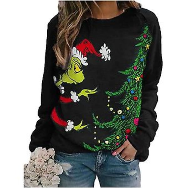 Damtröja med Grinchen Julmotiv - Casual Julparty Pullover Blus Toppar (L Svart)