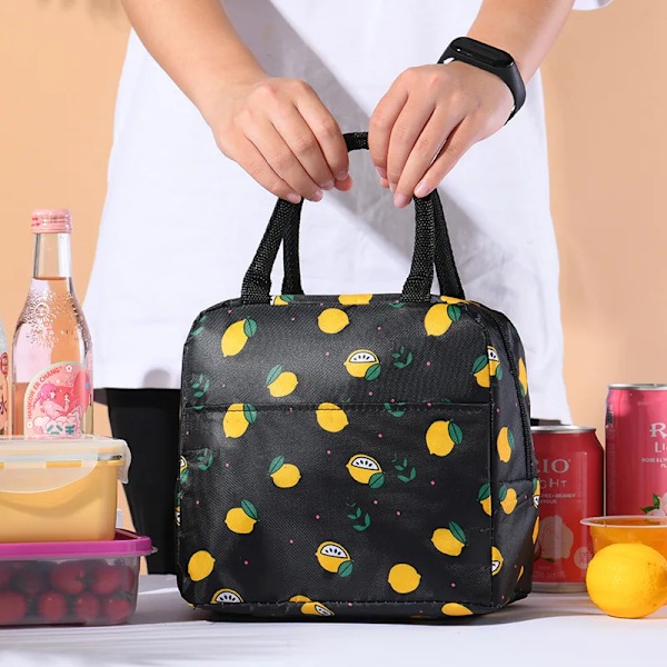 Söta Citron Vattentäta Zip-Lunchpåsar med Bärhandtag, Svart black 22*15*17cm