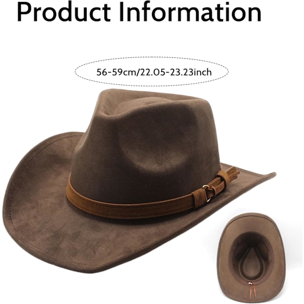 Brun cowboyhat, bredskygget cowboyhat westernhat brun cowboyhat med bæltespænde ruskind cowgirlhat til mænd og kvinder udklædningsfest