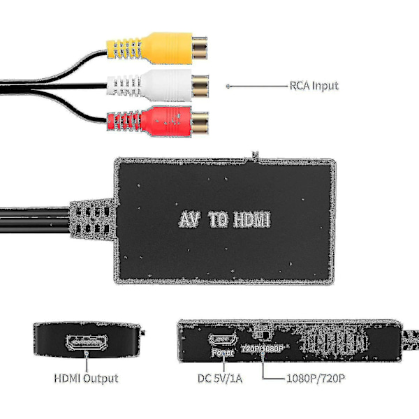 RCA-HDMI-muunnin, komposiitti-HDMI-sovitin, tukee 1080p Pal/ntsc A Fiis null null-WELLNGS none