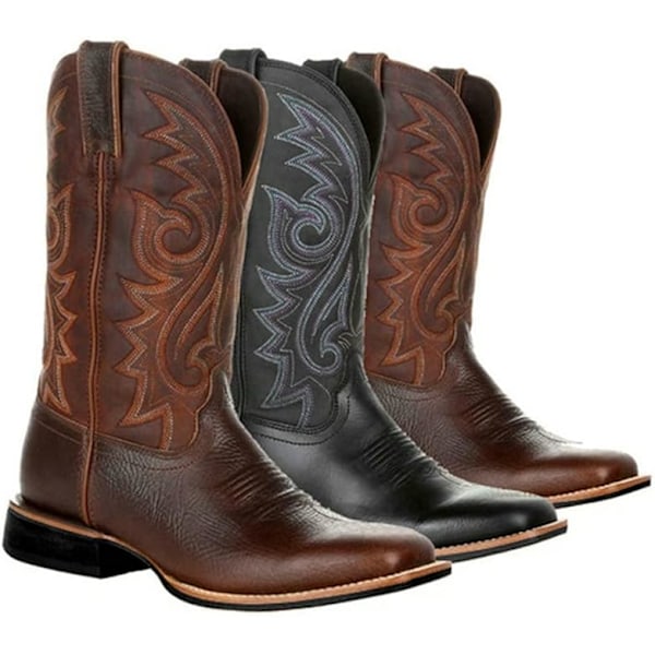 Herr- och damsport, bred, fyrkantig tå, western cowboyboots, svarta black EU 47